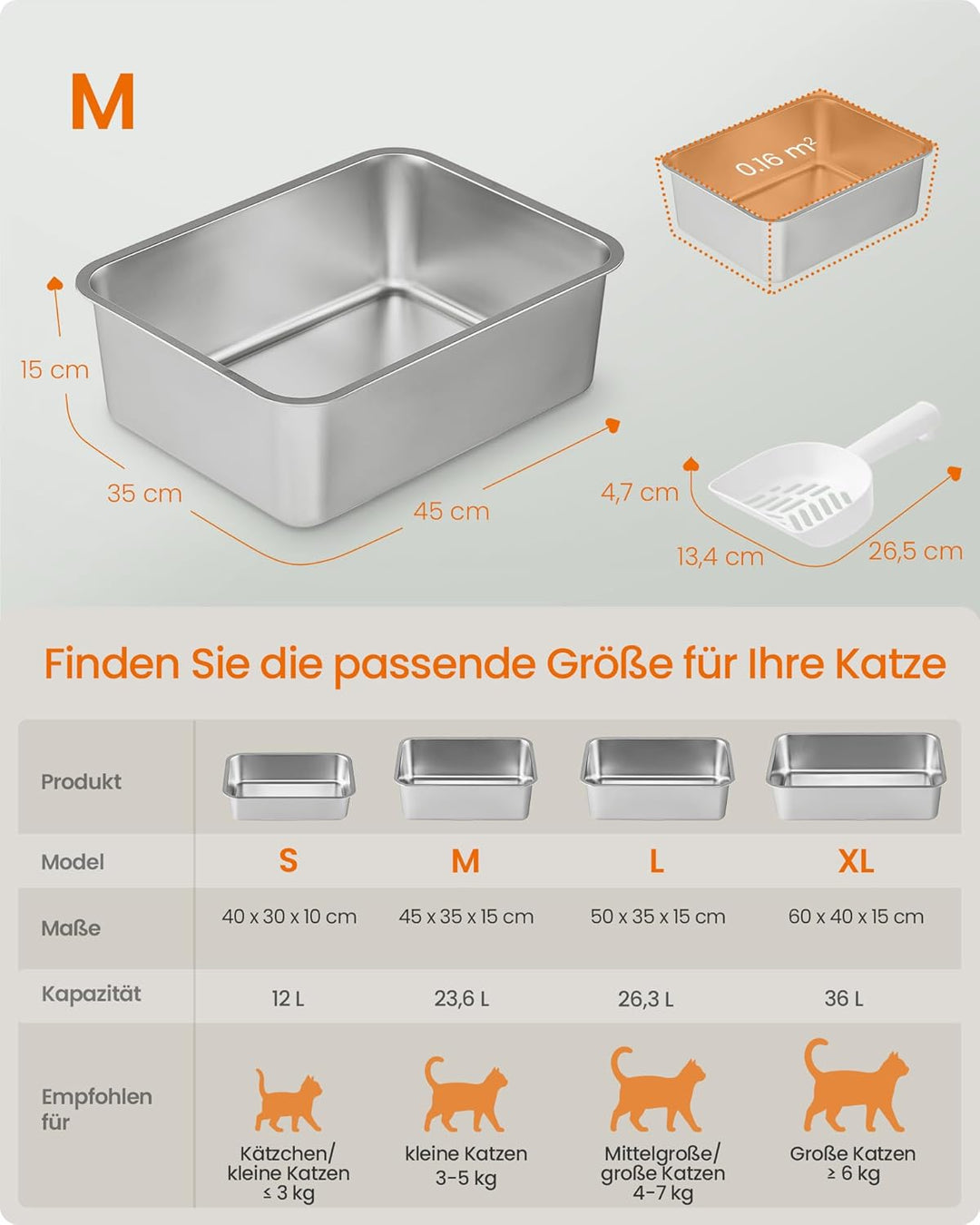 Feandrea Katzenklo Edelstahl, Katzentoilette offen, mit Schaufel, antihaftbeschichtet, geruchsfrei,