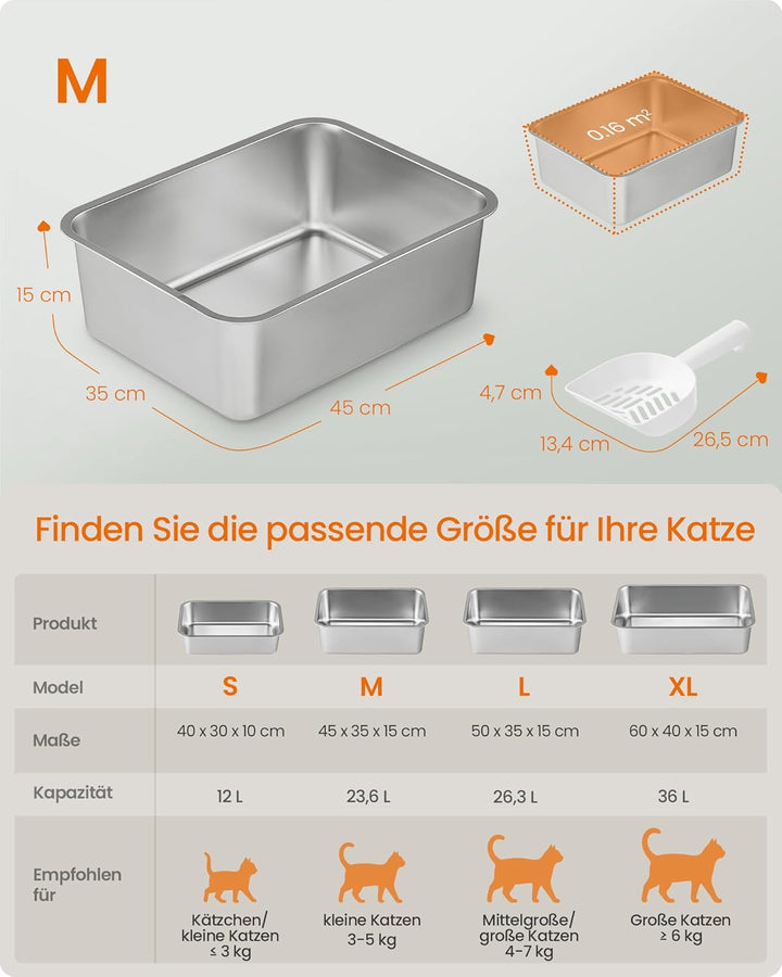 Feandrea Katzenklo Edelstahl, Katzentoilette offen, mit Schaufel, antihaftbeschichtet, geruchsfrei,
