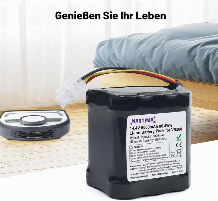 NASTIMA 14,4V 6000mAh Li-Ion Akku Kompatibel mit Vorwerk Kobold VR200, Art.-Nr. 20884-1, 4NCR18650P2