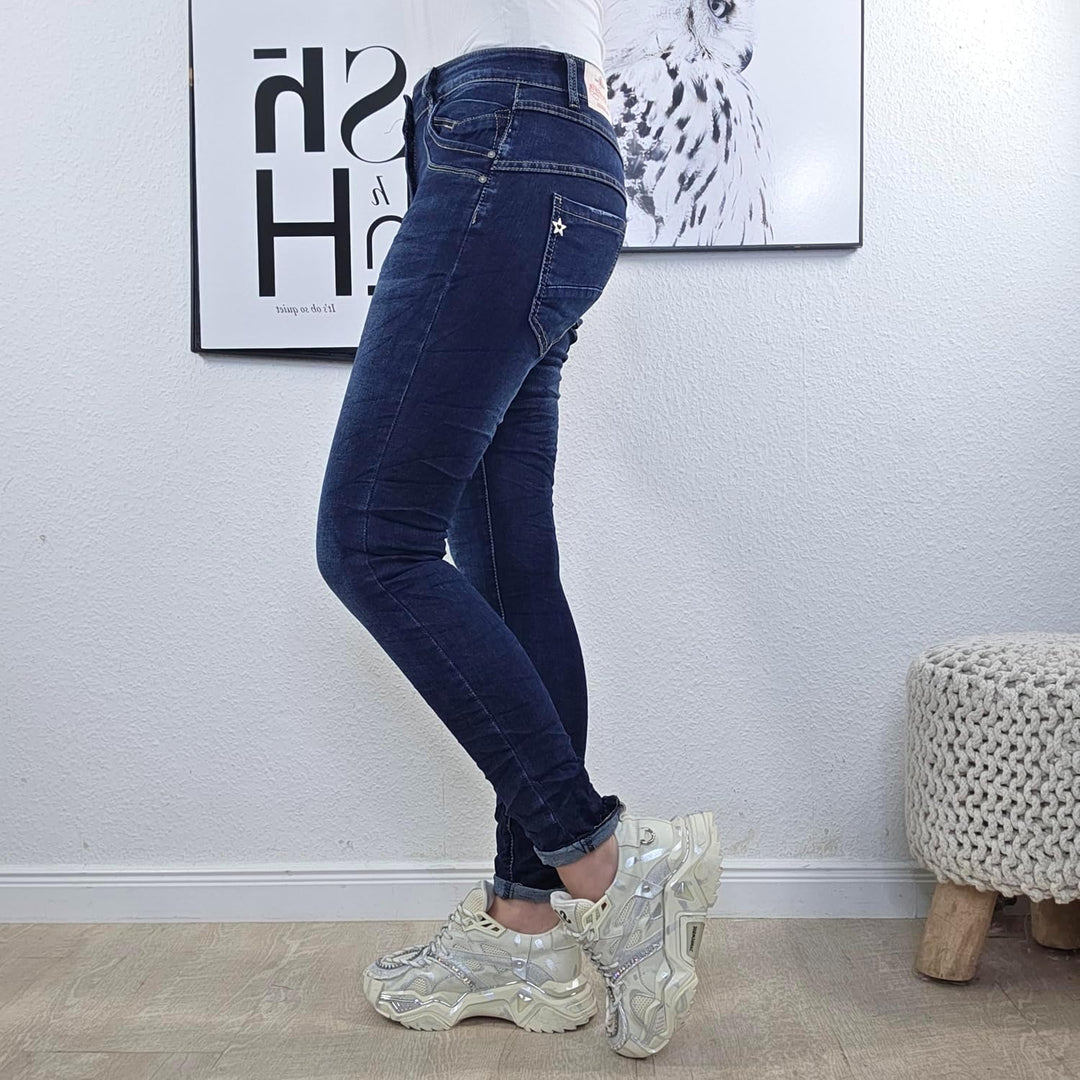 Jewelly Stretch Jeans| im Baggy Boyfriend Schnitt| Damen Hose mit dekorativer Knopfleiste| Perfekter