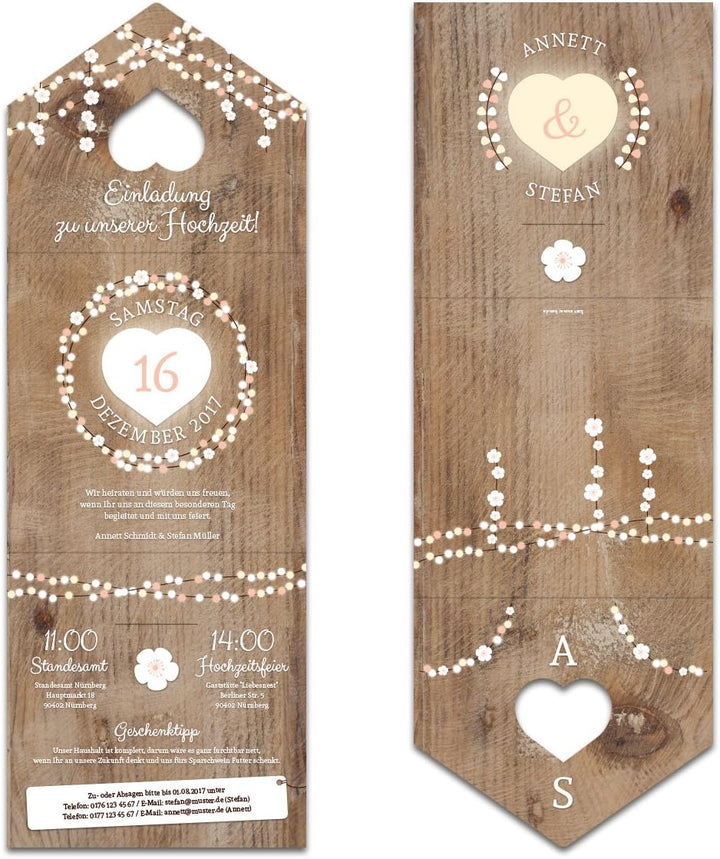10 x Lasergeschnittene Hochzeit Einladungskarten Einladung - rustikale Lichtgirlande, 10