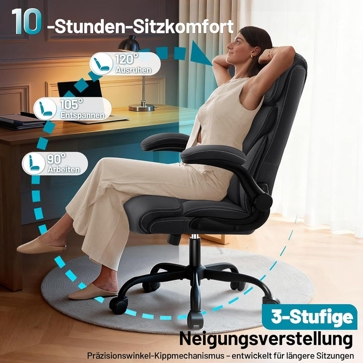 Chefsessel aus PU-Kunstleder, Bürostuhl Ergonomisch mit Verstellbaren Armlehnen und Hoher Rückenlehn