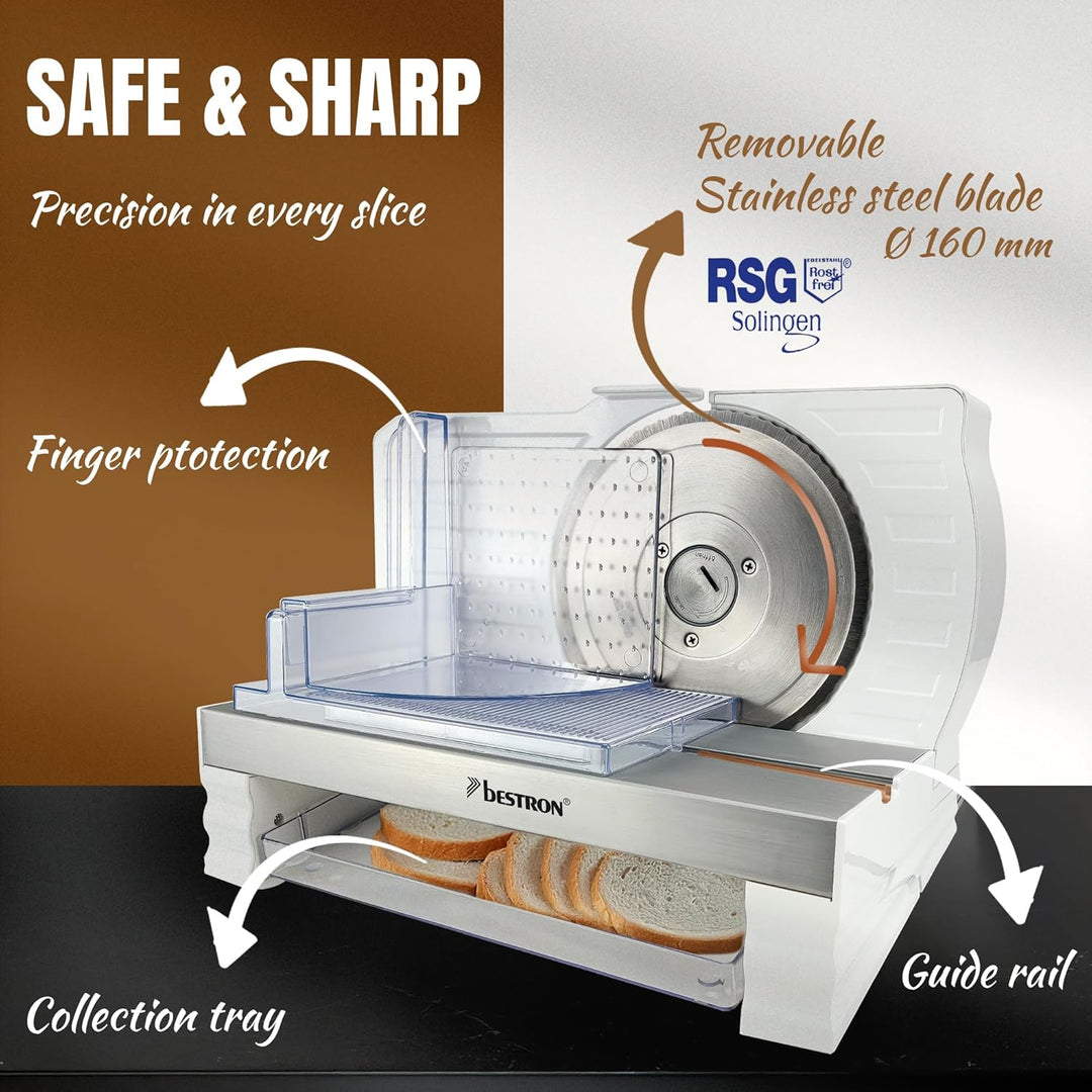 Bestron Brotschneidemaschine, mit RSG-Edelstahlklinge – Made in Germany, stufenlose Schnittstärkenei