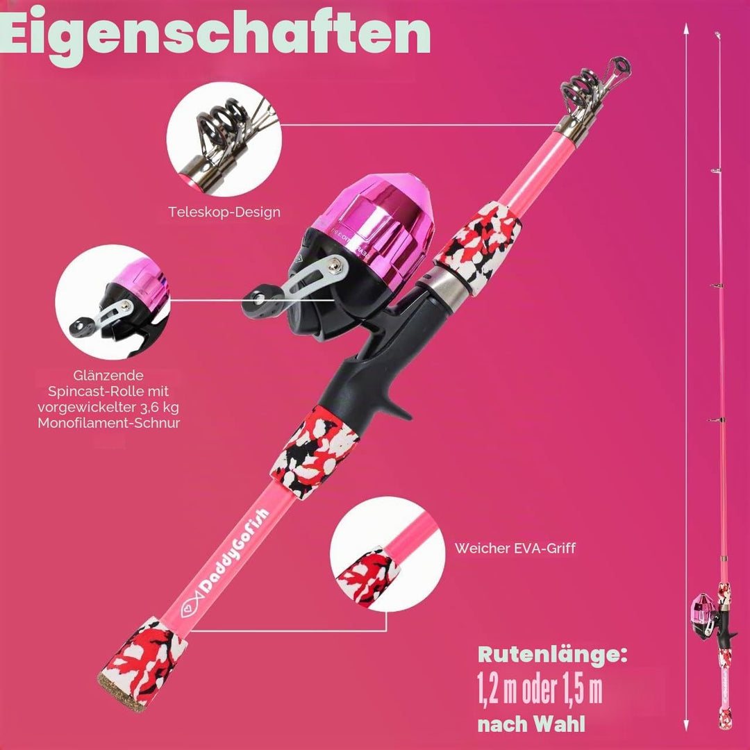 DaddyGoFish Kinder Angelset - Teleskoprute &amp; Rolle Combo mit Klappstuhl, Rutenhalter, Tackle Box, Kö