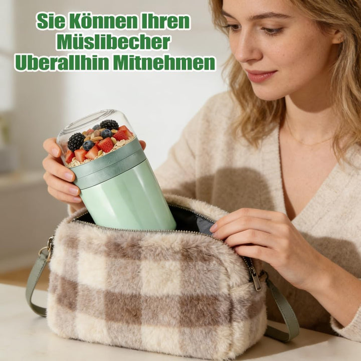 2 Stück Müslibecher to go mit Löffel - 3-Schicht-Design, Joghurtbecher to go Kinder 520ML+250ML mit