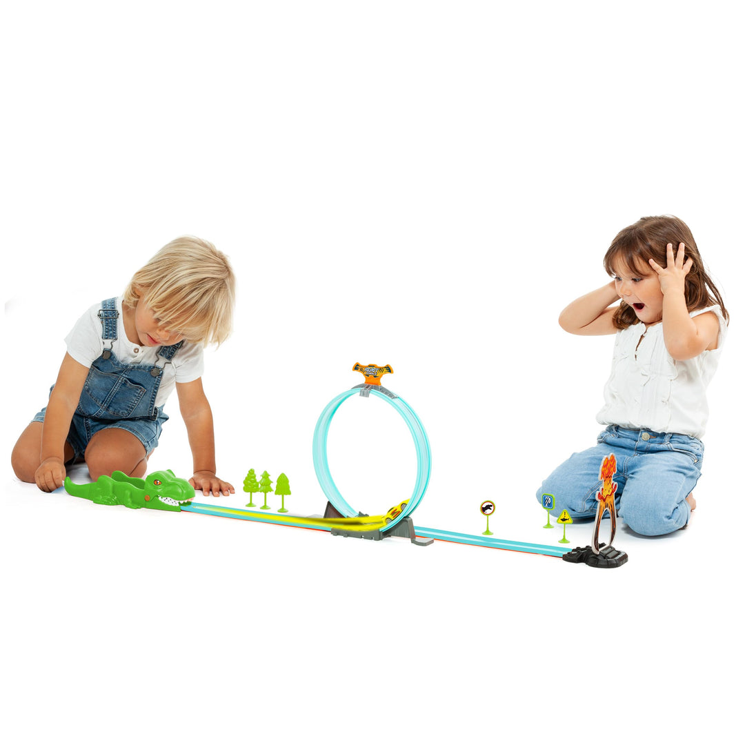 Beast Wheels Schiebe. Autorennbahn mit 360º Looping für Kinder. Modell Dinosaurier Rex und Shark Tra