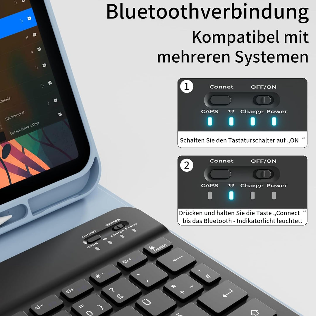 Hülle mit Tastatur für iPad A16 11 Generation 2025/10 Generation 2022 (11/10.9 Zoll), QWERTZ Layout,
