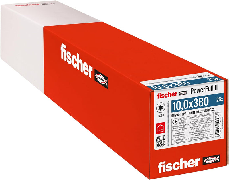 fischer PowerFull II 10,0 x 380, Premium Vollgewindeschraube (25 Stk.) mit innovativer Spitzengeomet