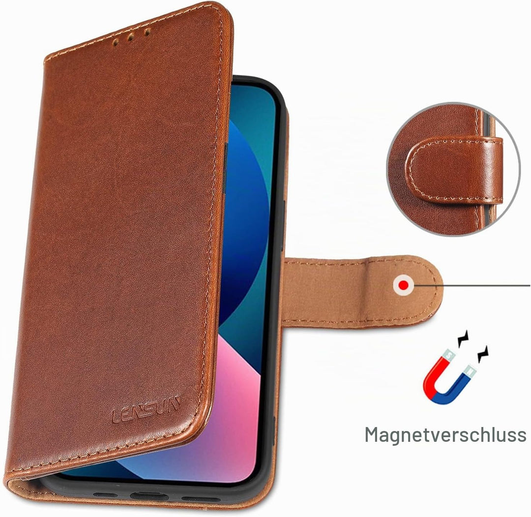 LENSUN Echtleder Hülle für iPhone 13 5G, Handyhülle [Echtes Leder][Magnetverschluss][RFID Schutz] Ha