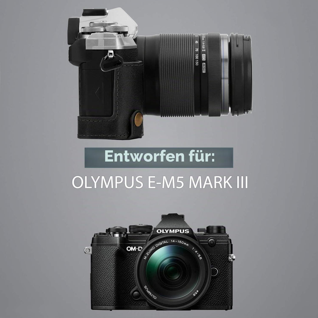 MegaGear MG1864 Ever Ready Kameratasche für Olympus OM-D E-M5 Mark III, Echtleder, Schwarz, Schwarz