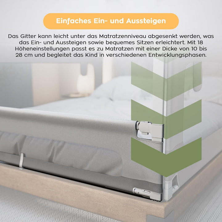 TULANO Cover 44, Bettgitter Kinderbett, Sicherheitsgitter Absenkfunktion, 18-Fach höhenverstellbar,