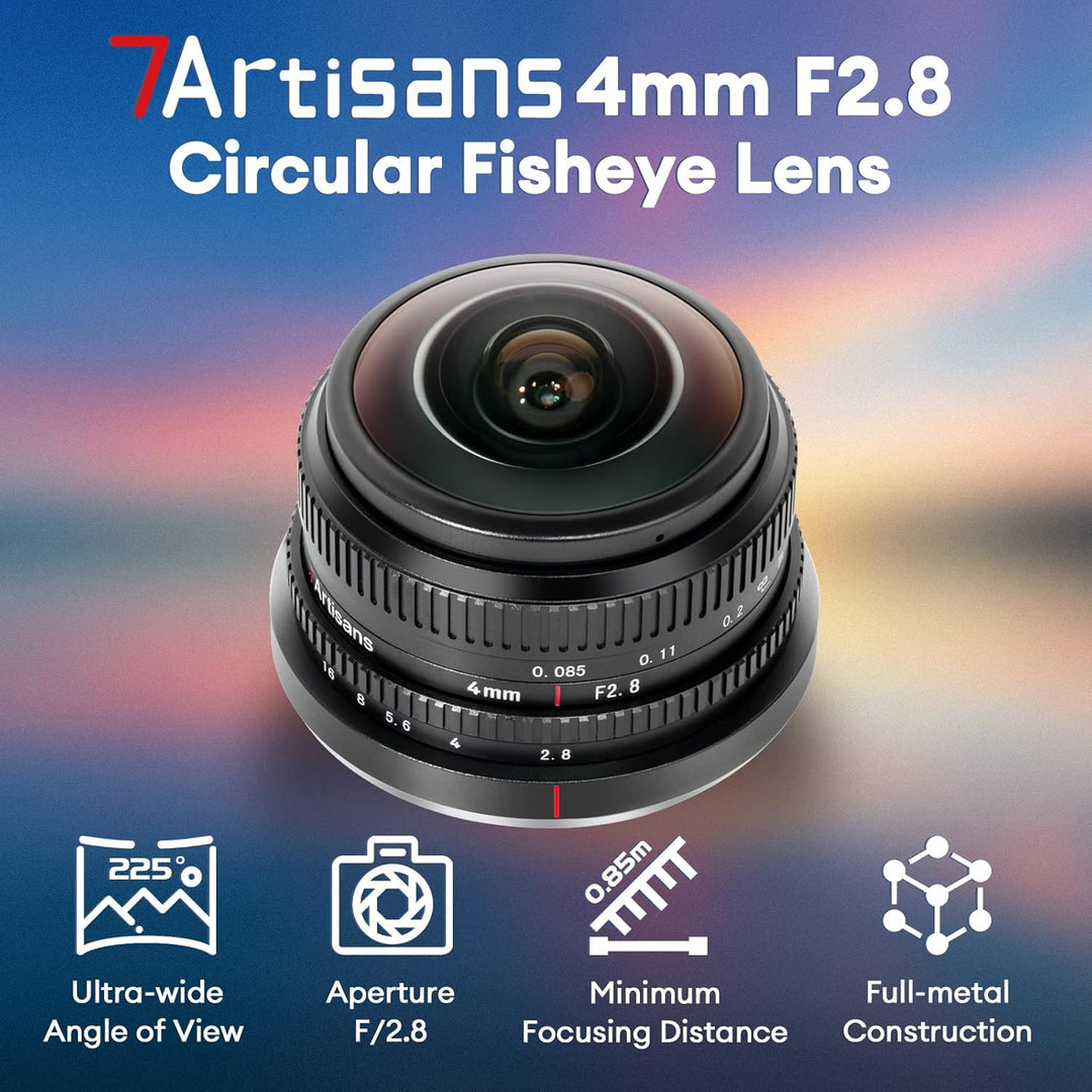 7artisans 4mm F2.8 kreisförmiges Fisheye-Objektiv, 225 ° Ultraweitwinkel, kompatibel mit APS-C Sony