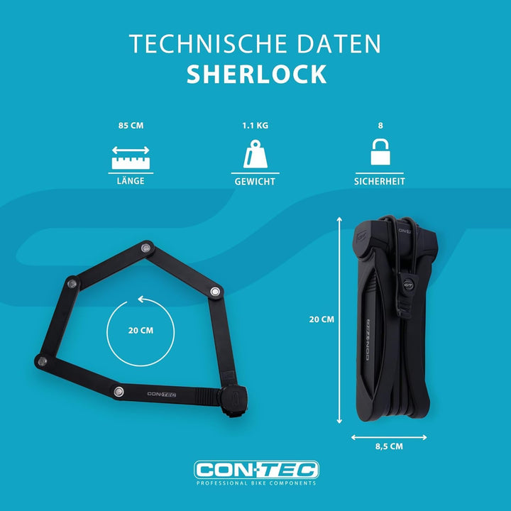 CONTEC Fahrrad Falt-Schloss SherLock, robuster Tredur-Spezial-Stahl, 85 cm mit Halterung, Wende-Schl