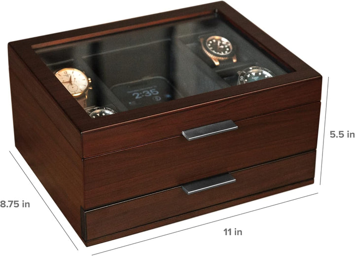 CASE ELEGANCE Monogrammierte Uhrenbox mit 8 Schlitzen, Organizer für Herren, Kirschholz, Walnussholz
