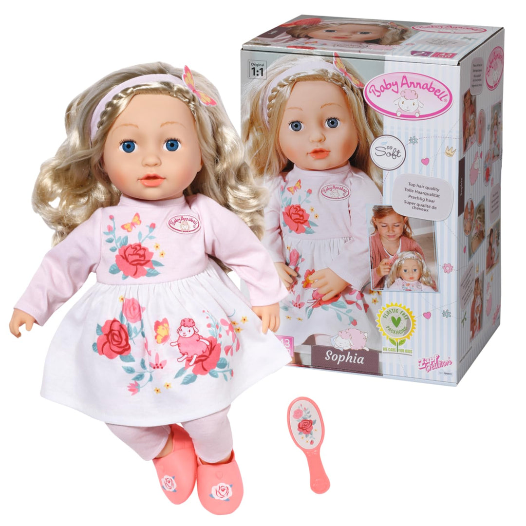 Zapf Creation 706572 Baby Annabell Sophia 43cm- weiche Stoffpuppe mit langen blonden Haaren, rosa Pu