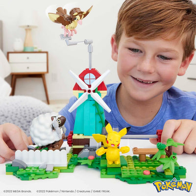 MEGA Pokémon Bauspielzeug für Kinder, Windmühlen-Farm mit Pikachu-, Taubsi- und Wolly-Actionfigur zu