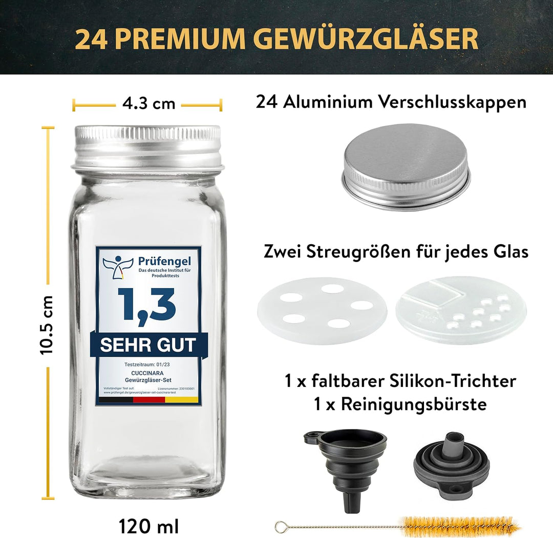 Cuccinara® Gewürzgläser Set [Eckig - 24 Stk. I 120ml - 10,5cm x 4,3cm] mit Gewürzetiketten, Streuein