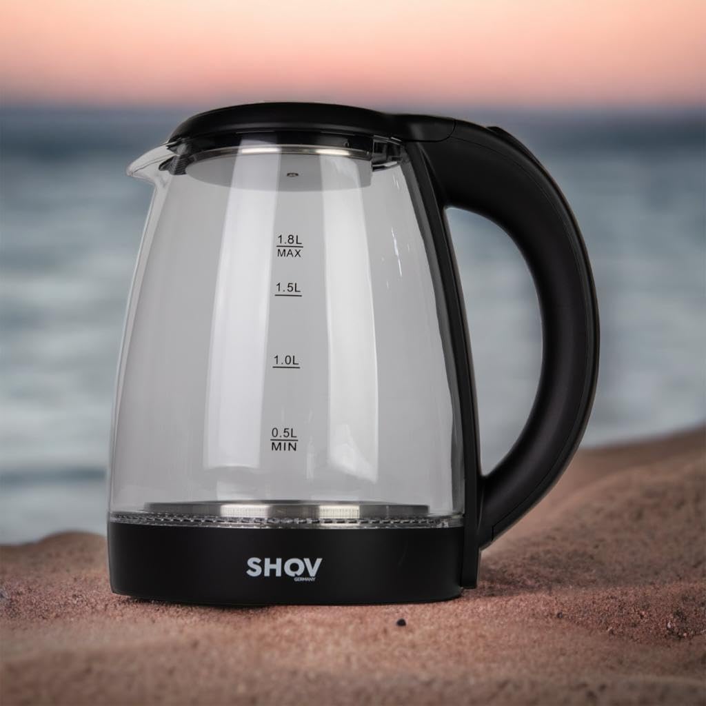 SHOV Glas Wasserkocher 1,8L – 1500W, LED-Beleuchtung, 360° Basis, Trockenlaufschutz – Schwarz