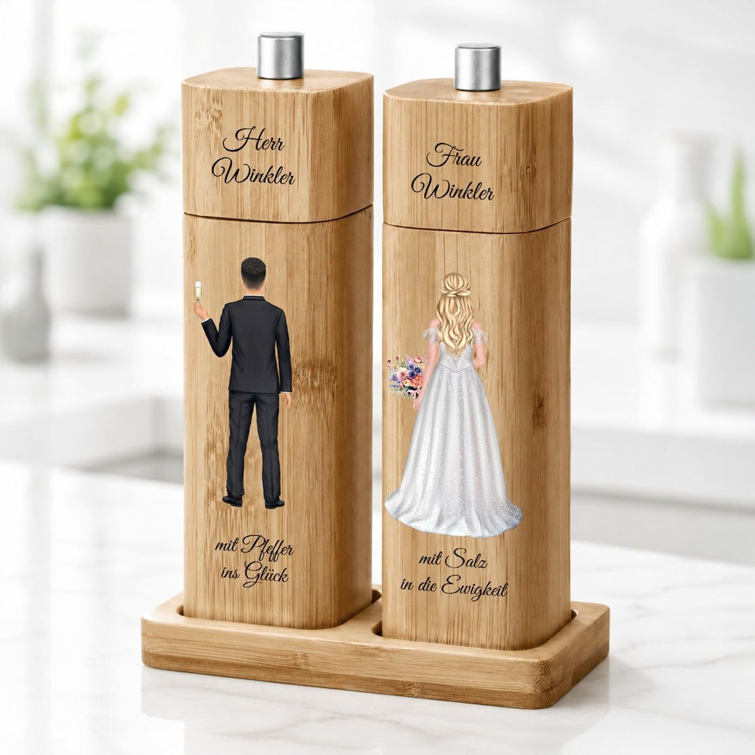 Maverton Bambus Salz und Pfeffermühle mit Aufdruck - Hochzeitsgeschenke für Brautpaar - personalisie