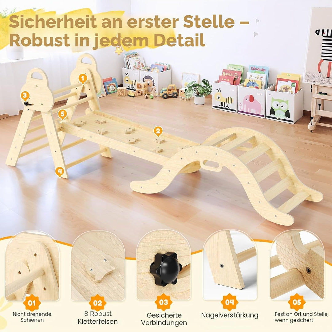 Klettergerüst Indoor,7-in-1 Montessori Indoor Spielset,Stabiles Birkenholz Klettergerüst mit Rutsche