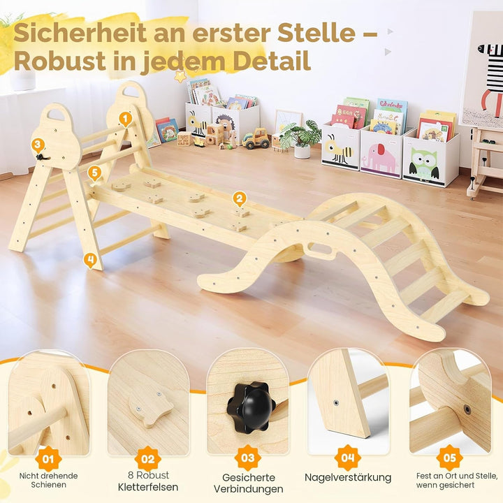 Klettergerüst Indoor,7-in-1 Montessori Indoor Spielset,Stabiles Birkenholz Klettergerüst mit Rutsche