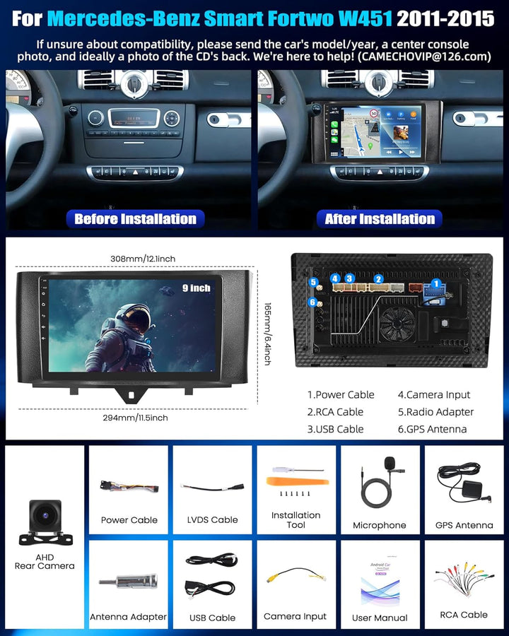 CAMECHO Android 15 Qualcomm 8 Core 4G+64G Autoradio für Mercedes-Benz Smart Fortwo W451 2011-2015 mi