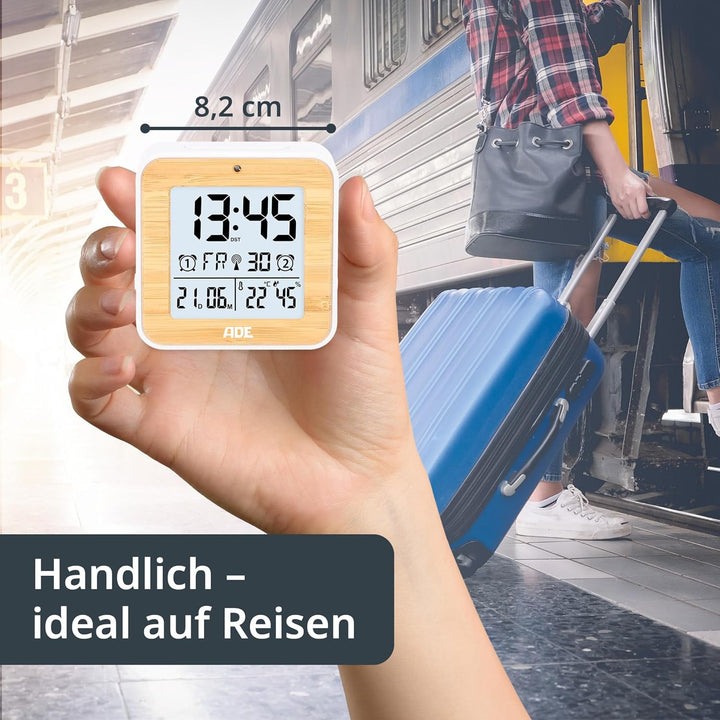 ADE Funkwecker digital mit Batterie | 2 Weckzeiten | Temperaturanzeige | Luftfeuchtigkeit | Gehäuse