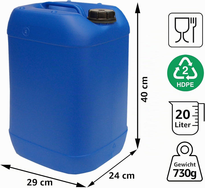 plasteo 20 Liter Getränke Wasserkanister mit 1 Hahn und Schraubdeckel (DIN 61), Blau 2x 20L, 2x 20L