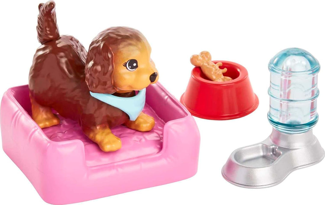 Barbie Haustiere und Zubehör, interaktives Wackeln &amp; Wackeln Welpen-Spielset mit Haustierbett, insge