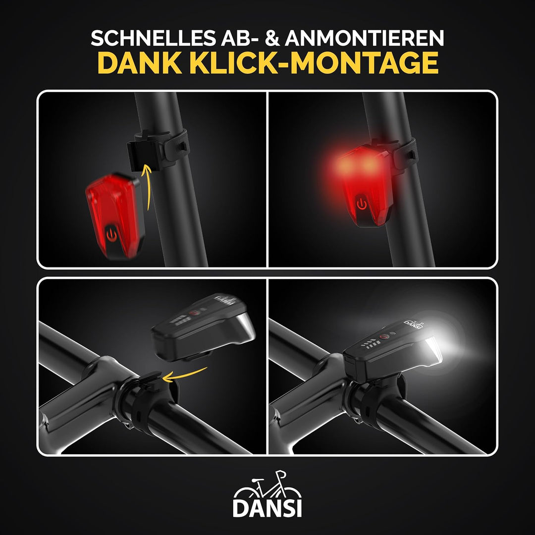 DANSI Fahrradleuchten-Set StVZO I LED-Fahrradlicht I Rad-Licht hell vorne 60/30/15 Lux, Akku-Leuchte