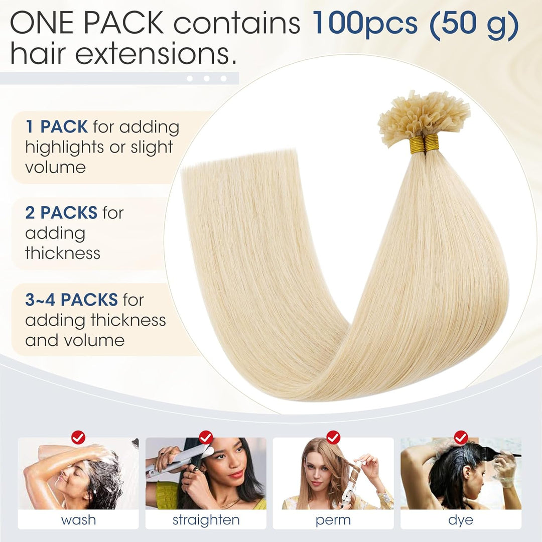 Elailite Extensions Echthaar Bonding 0.5g/s 60cm #60 Platinblond U Tip Hair Extensions Keratin 100 S
