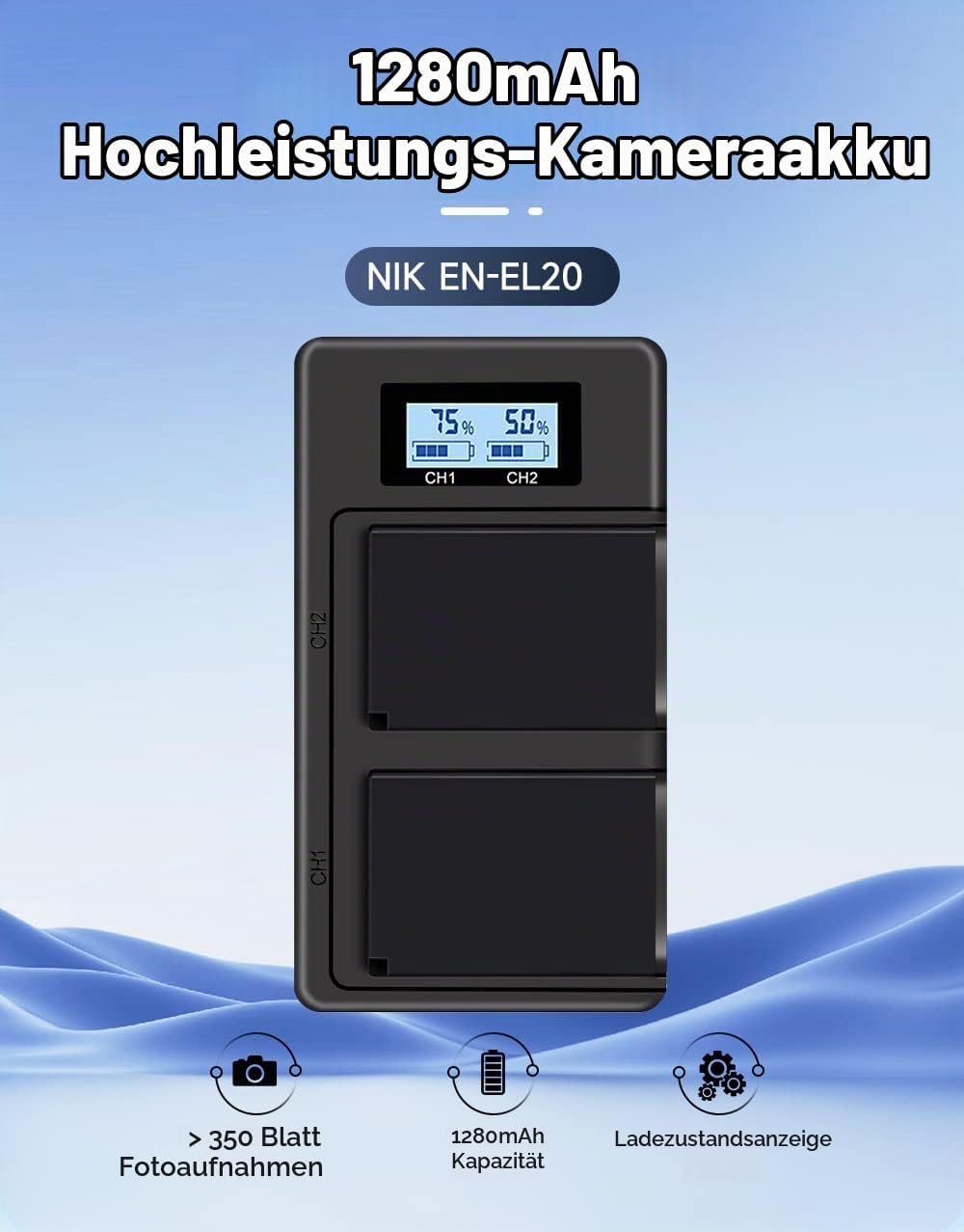 2 Stück EN-EL20 EN-EL20a Akkus und Smart LCD Display Dual USB Ladegerät für Nikon Coolpix P950, P100