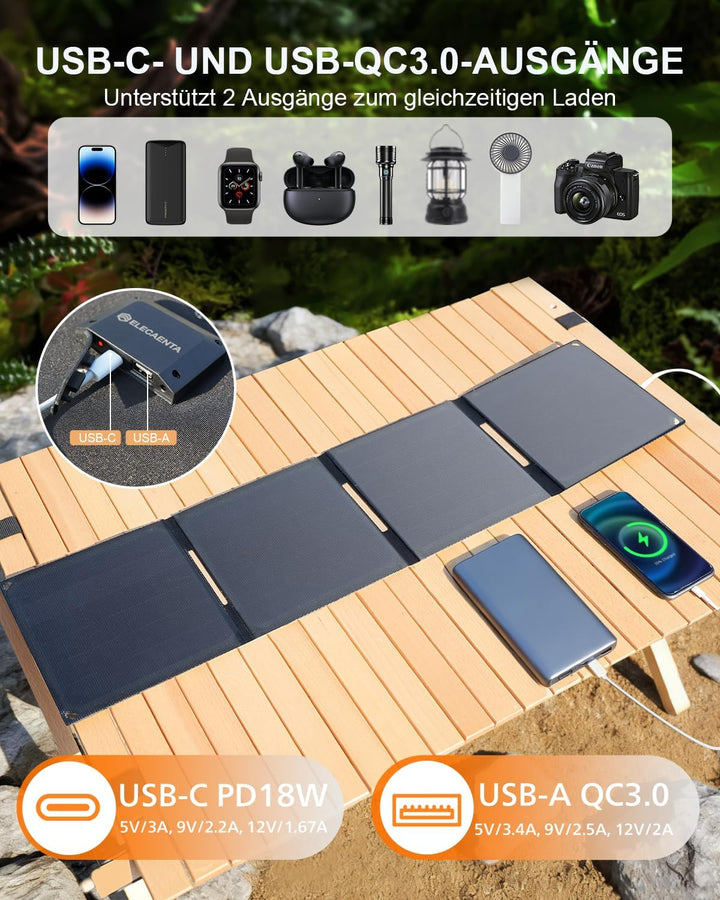 ELECAENTA 30W ETFE HPBC Solar Ladegerät 2-Port USB-C PD20W QC3.0 IP68 Wasserdicht Faltbar Solar Pane