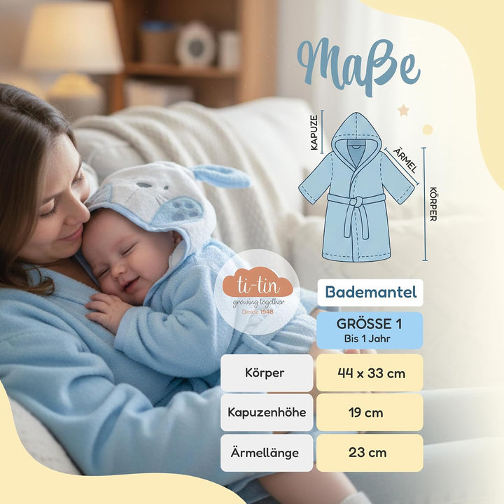 Ti TIN Kinder‑Bademantel mit Kapuze und Hasenohren – 100% Baumwolle, weich &amp; saugfähi, Grösse 6–12 M