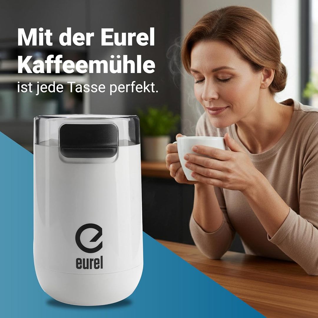 EUREL KMA weisse Kaffeemühle | Beste Mahlergebnisse I Mahlgrad variabel I Edelstahl Mahlbehälter und
