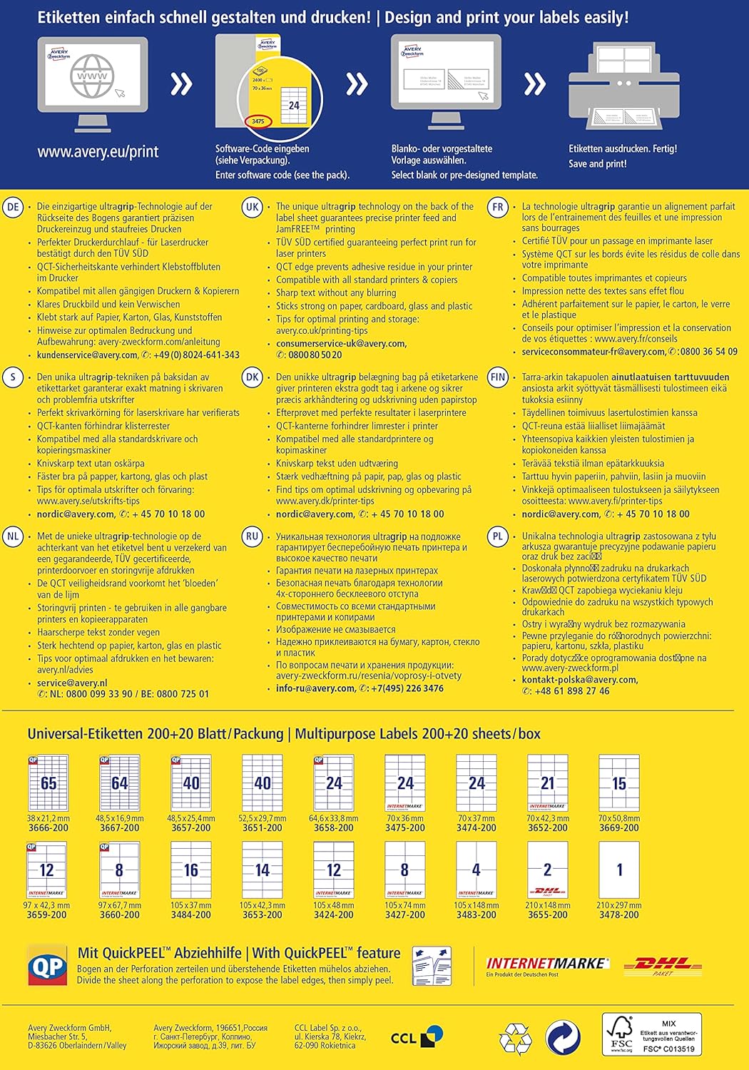 AVERY Zweckform 3483-200 Universal Etiketten (800 plus 80 Klebeetiketten extra, 105x148mm auf A4, be