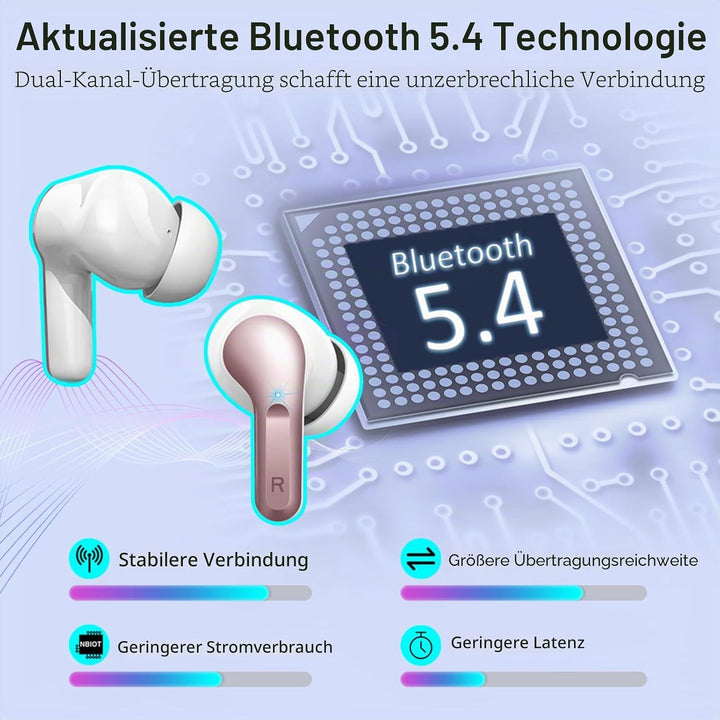 Ordtop Kopfhörer Kabellos Bluetooth, Stereo Tiefer Bass Wireless Earbud, ENC Noise Cancelling Mic, U