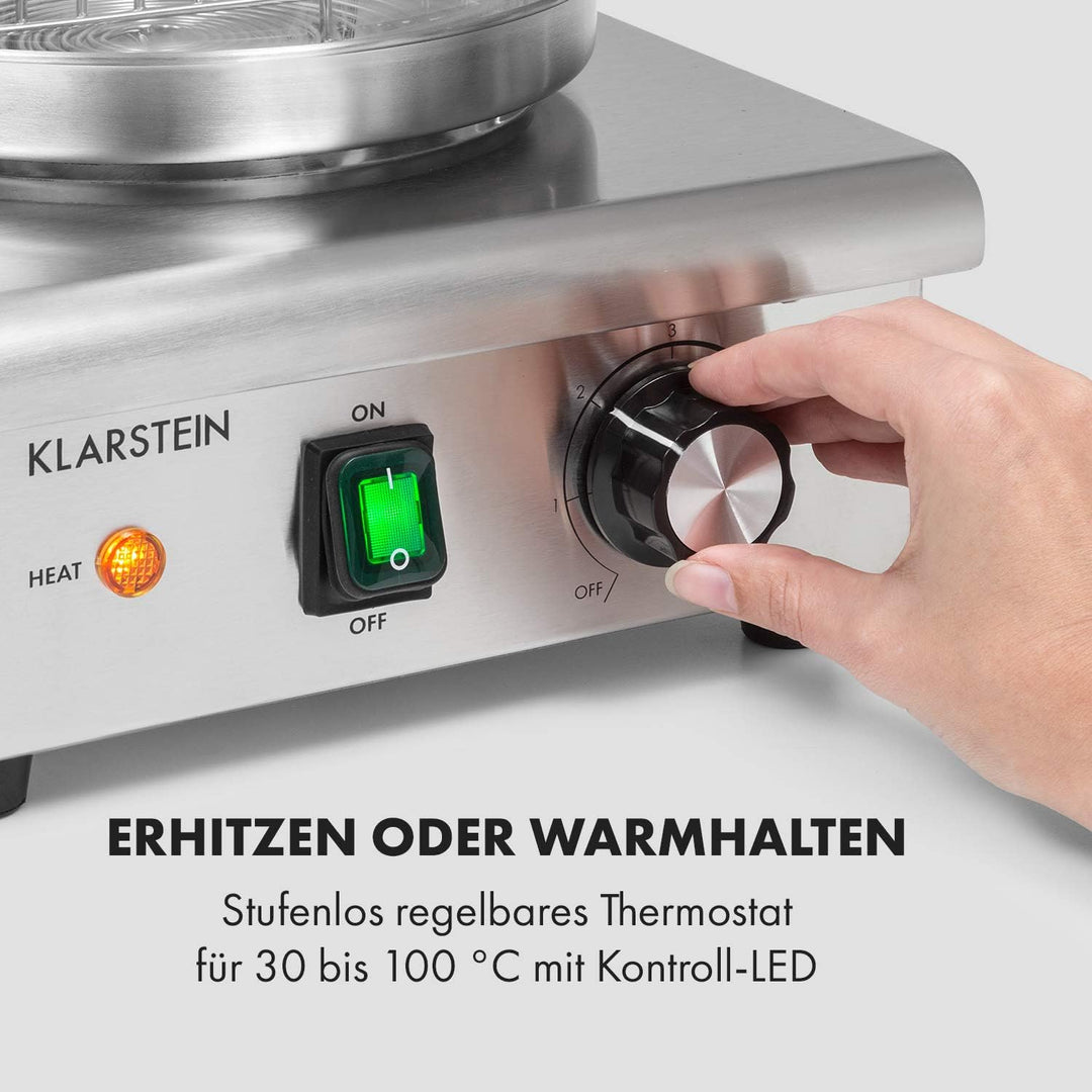 Klarstein Pro Wurstfabrik 450 Profi Hot Dog Maker, 450 Watt, 30-100 °C, Glaszylinder: Ø 20 cm, unter