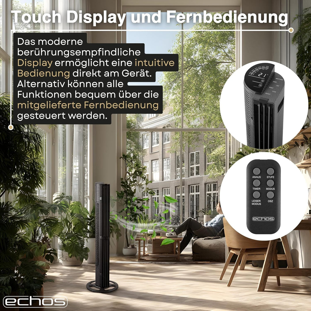 Echos® Turmventilator Leise mit Fernbedienung & Kühlung 75W – Standventilator mit 6 Geschwindigkeite