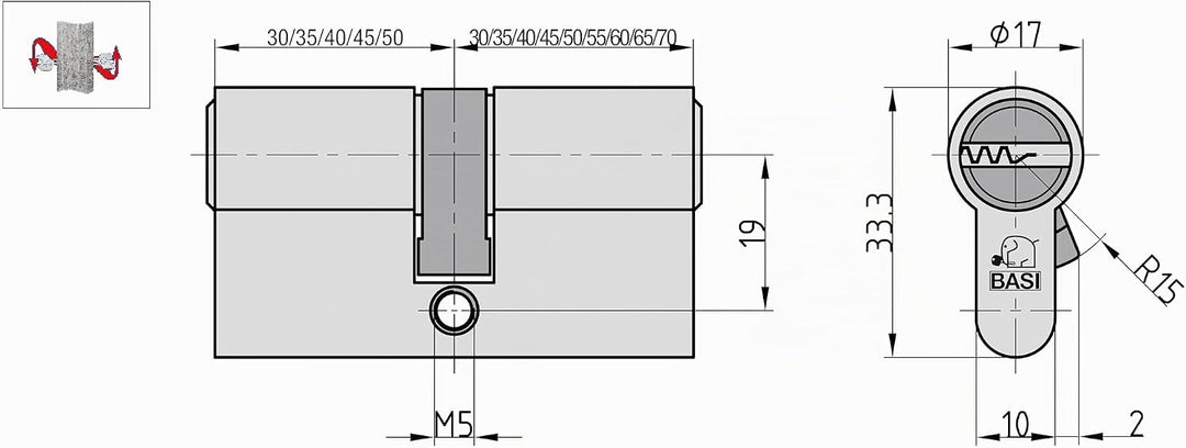 BASI | V55 Profil-Doppelzylinder 30/30 mm | Not- und Gefahrenfunktion | Zylinderschloss | 5 Wendesch