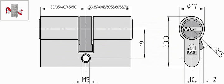 BASI | V55 Profil-Doppelzylinder 35/40 mm | Not- und Gefahrenfunktion | Zylinderschloss | 5 Wendesch