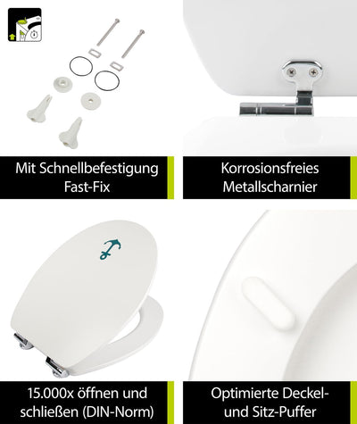 'aquaSu® WC-Sitz mit Absenkautomatik, Maritim Dekor Schiffsanker, Toilettensitz mit Holzkern, Fast F