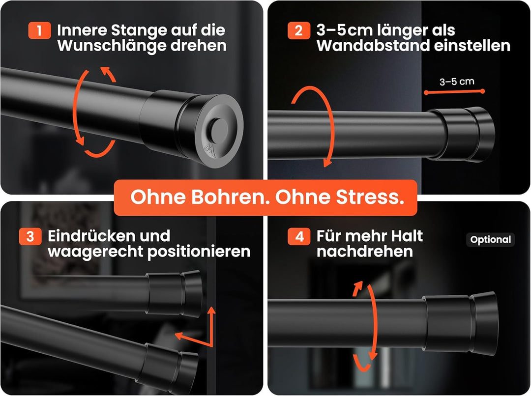 MEISENBERG Gardinenstange ohne Bohren 110-200cm - Klemmstange für Gardinen - Teleskopstange Vorhang