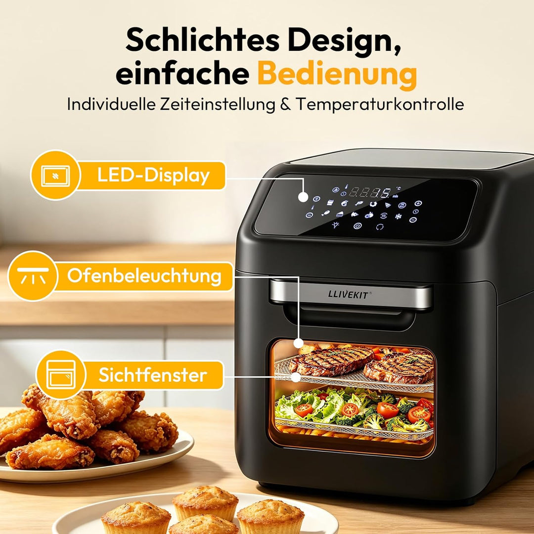 LLIVEKIT Heissluftfritteuse Heissluft-Backofen 12L, Mini-Backofen 1800W mit 6 Zubehör & Rezeptbuch,