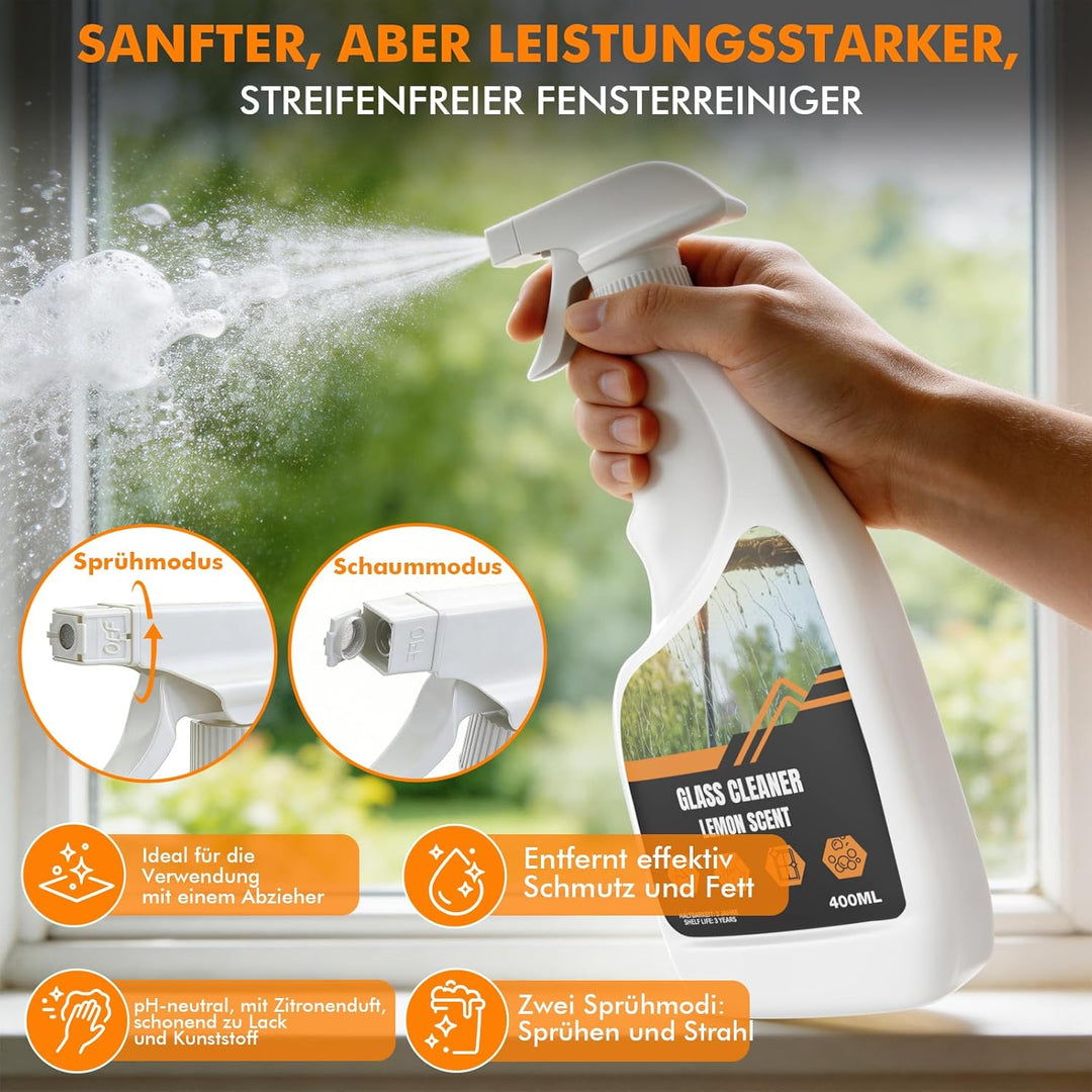 Fensterabzieher Profi Set,2-in-1 Fensterreiniger & Glasabzieher mit 4.5m Teleskopstange + 400ml Glas
