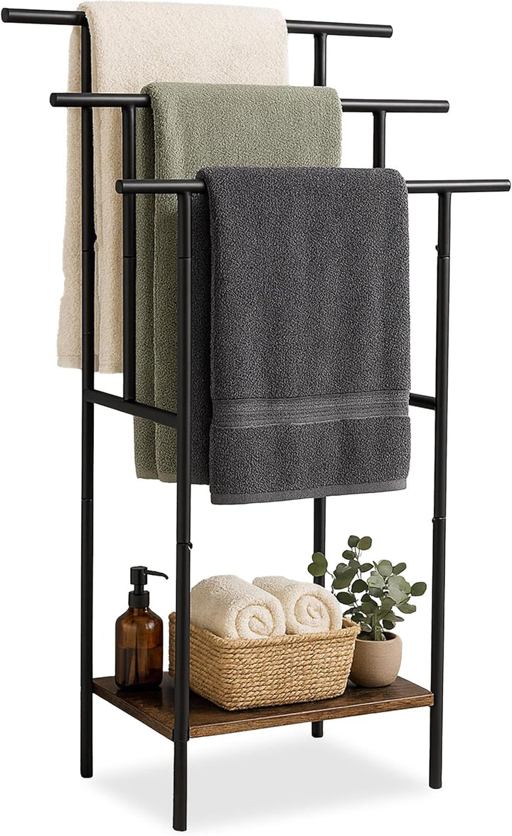 Relaxdays Handtuchständer, Ablage, 3 Stangen, HBT: 100 x 68 x 30 cm, Industrial, stehender Handtuchh