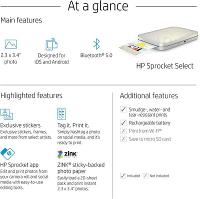 HP Sprocket Portable 5.8x8.7 cm Sofortbilddrucker (Weiss) & HP Sprocket 2,3 x 3,4 Premium Instant Zi