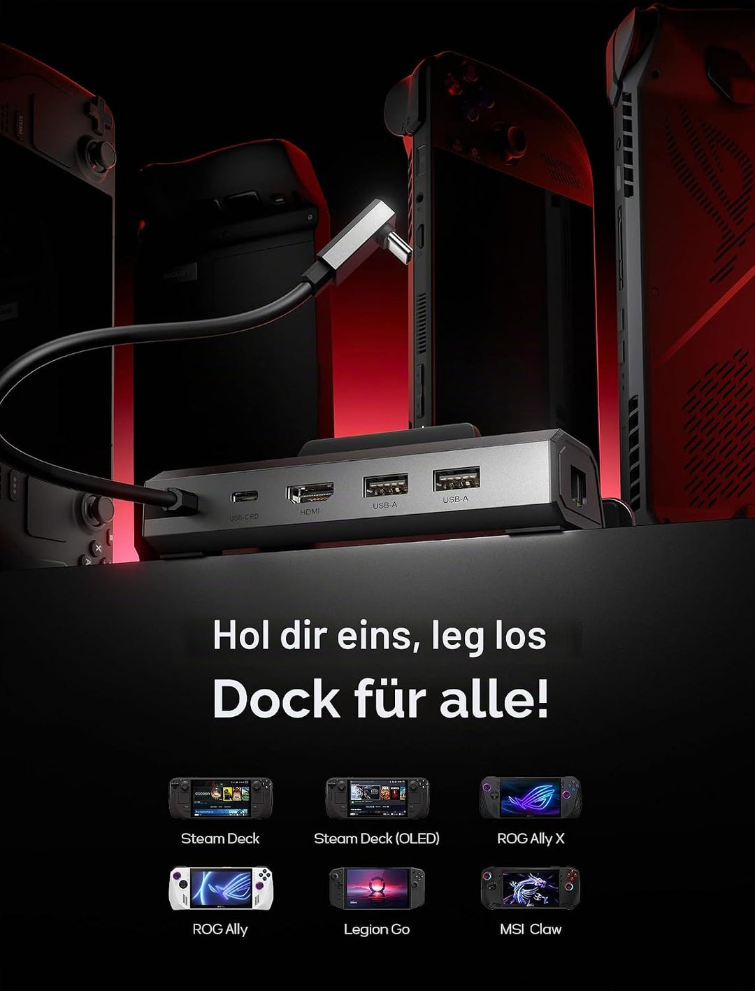 JSAUX Docking Station mit 65W Ladegerät, kompatibel mit Steam Deck OLED/ROG Ally X/Legion Go (S), 5-