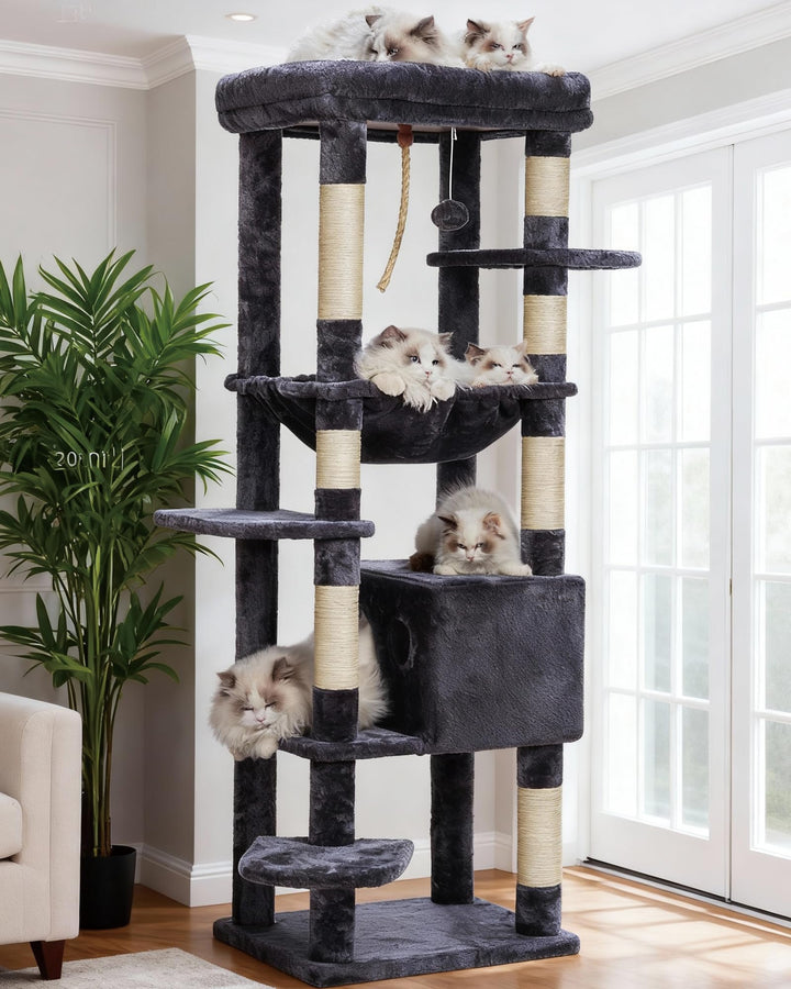 Heybly Kratzbaum, mit Decken, für grosse Katze, Katzenbaum, grosse Plattformen, Höhle, 50 x 50 x 153