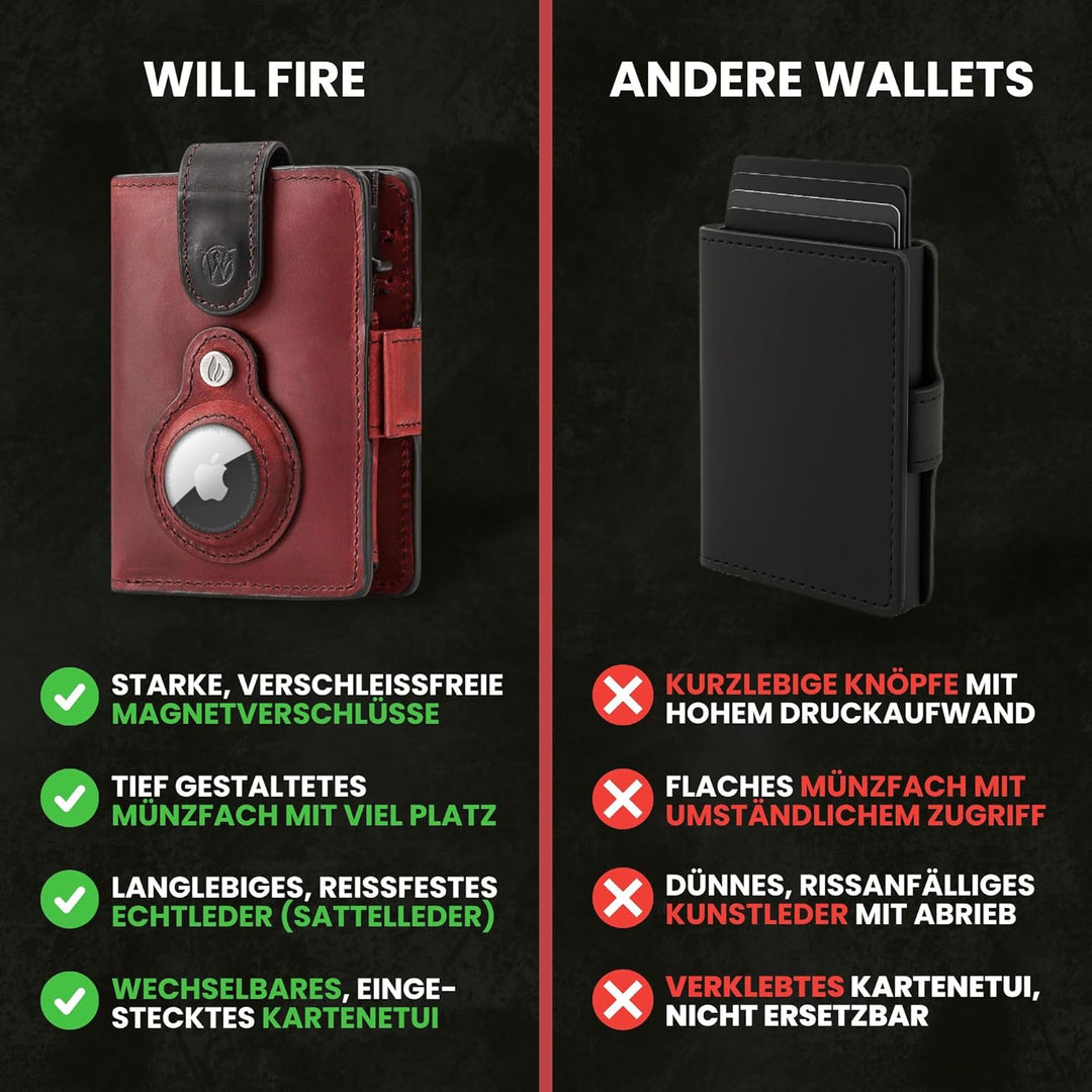 Will Fire® AirTag Wallet | Inkl. Airtag Anhänger | Leder Geldbörse mit Münz- &amp; Scheinfach | Extra ge